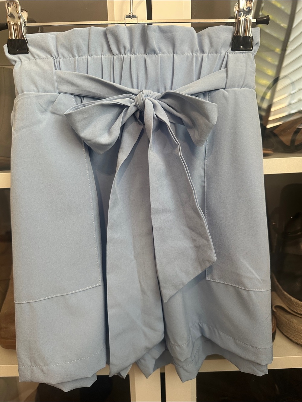 High-Waist Paperbag Tie Front Women's Shorts - Light Blue